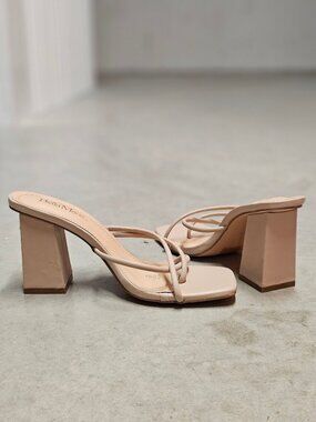 Strappy Nude Block Heel Sandals For Women Square Toe Slip-On Design